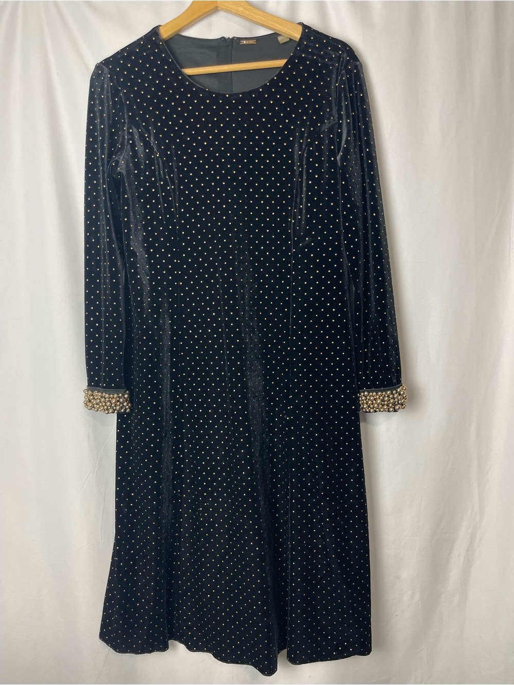 Tahari Black Velvet Long Sleeve Dress Gold Beaded Cuffs 6